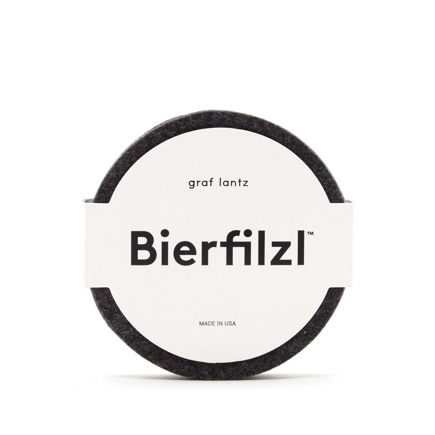 Round charcoal gray merino wool coaster set with 'Bierfilzl' branding on a white background