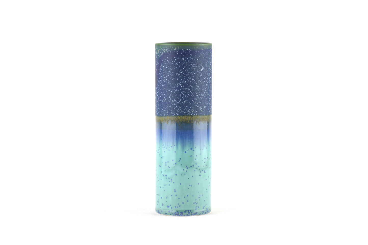 Tall cylindrical vase with gradient color from blue to green on a white background