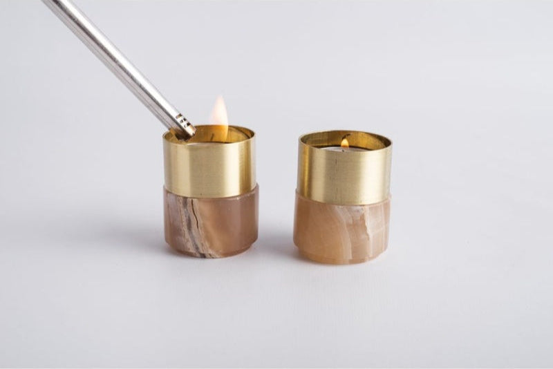 Brass & Stone Tea Light Candle Holder (Pair)