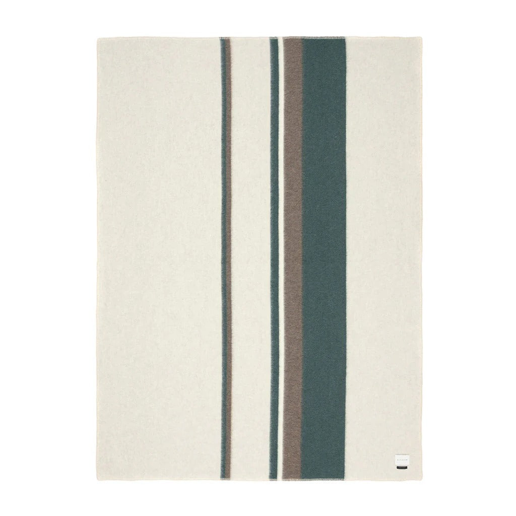 Beige Alpaca blanket with deep green and taupe horizontal lines on a white background