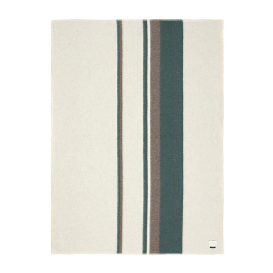 Beige Alpaca blanket with deep green and taupe horizontal lines on a white background