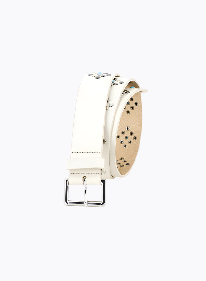 Studded Leather Belt | White