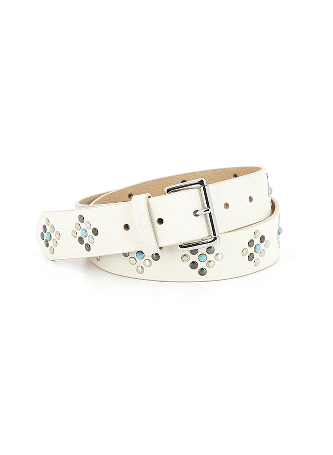 Studded Leather Belt | White