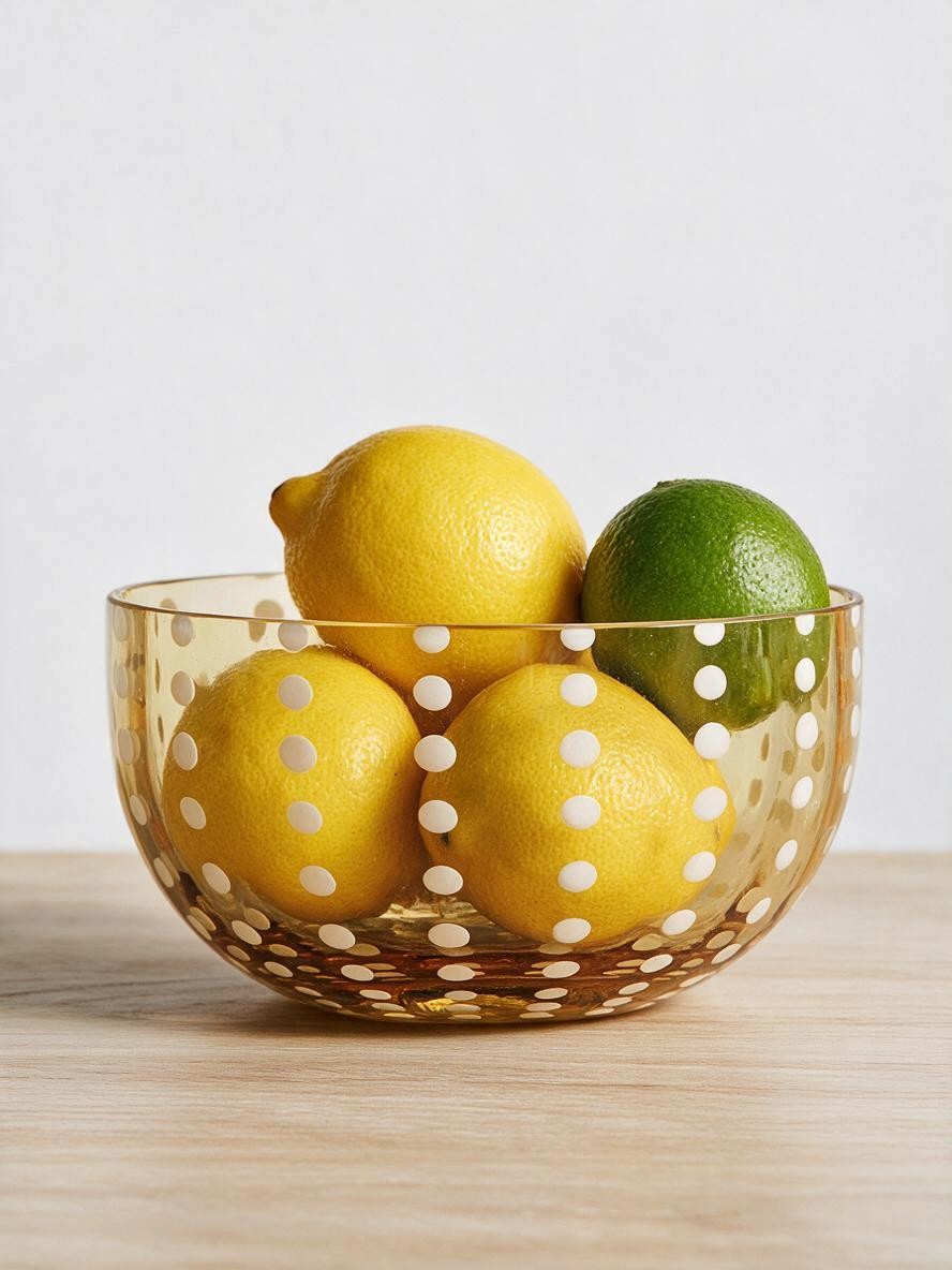 A clear amber glass bowl with white polka dots, filled with three yellow lemons and one green lime, set on a light wood surface against a neutral light gray background.
