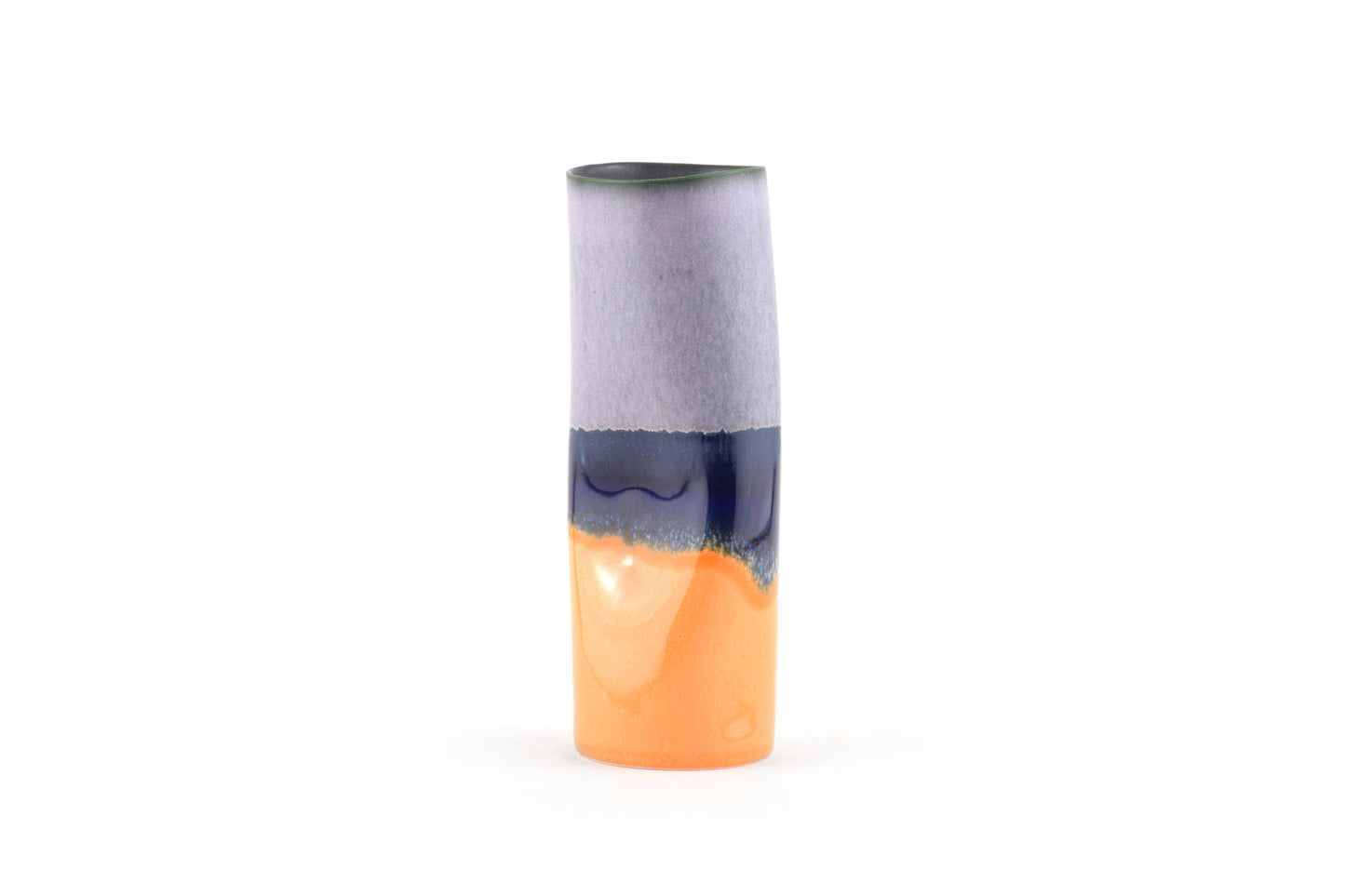Cylindrical vase with two-tone design on a white background