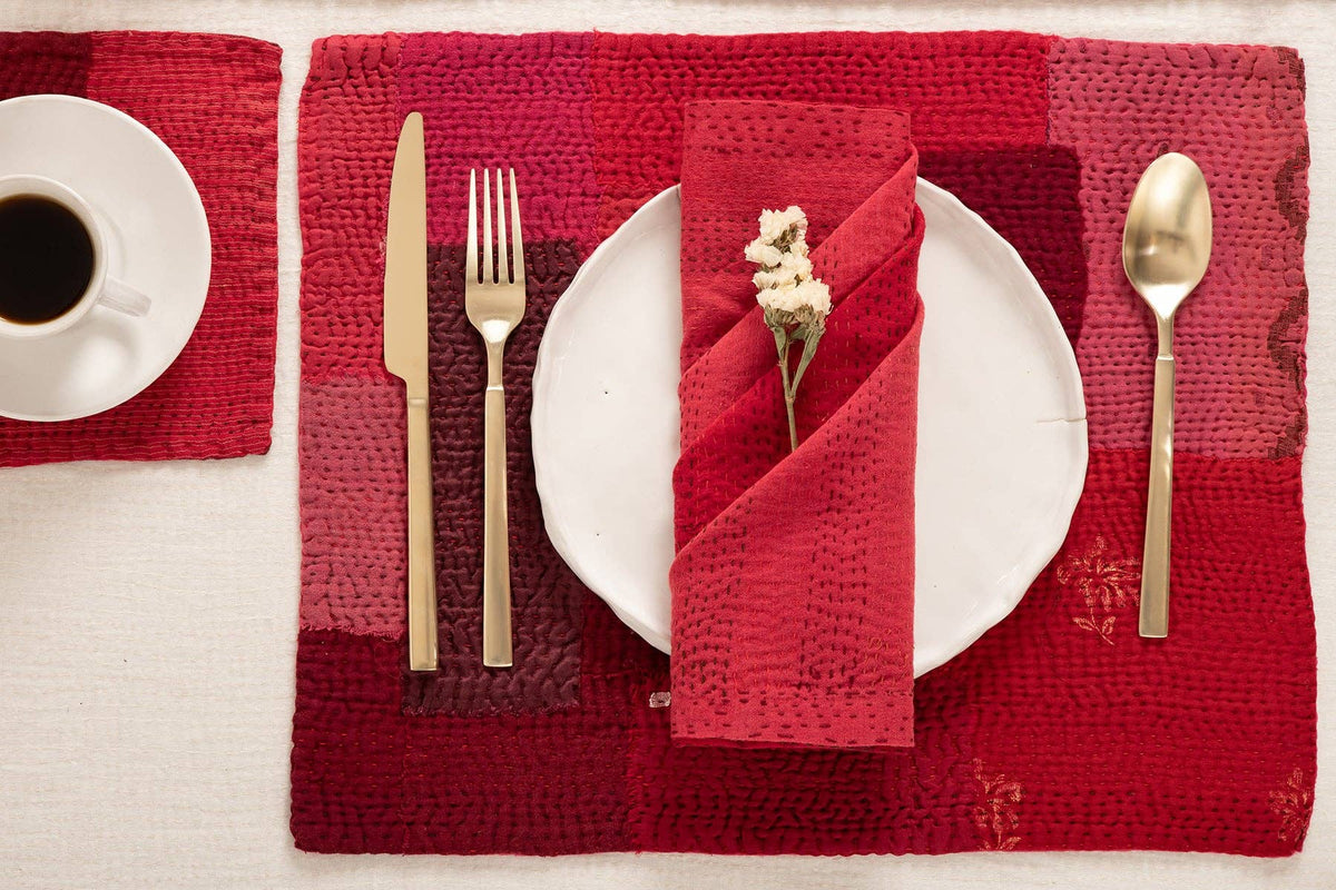 Vintage Patchwork Kantha Placemat Set (2) | Red Hot