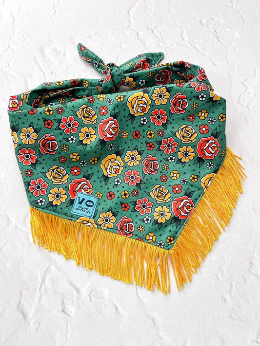 Fringed Dog Bandana | Tattoo Florals (Multiple sizes)