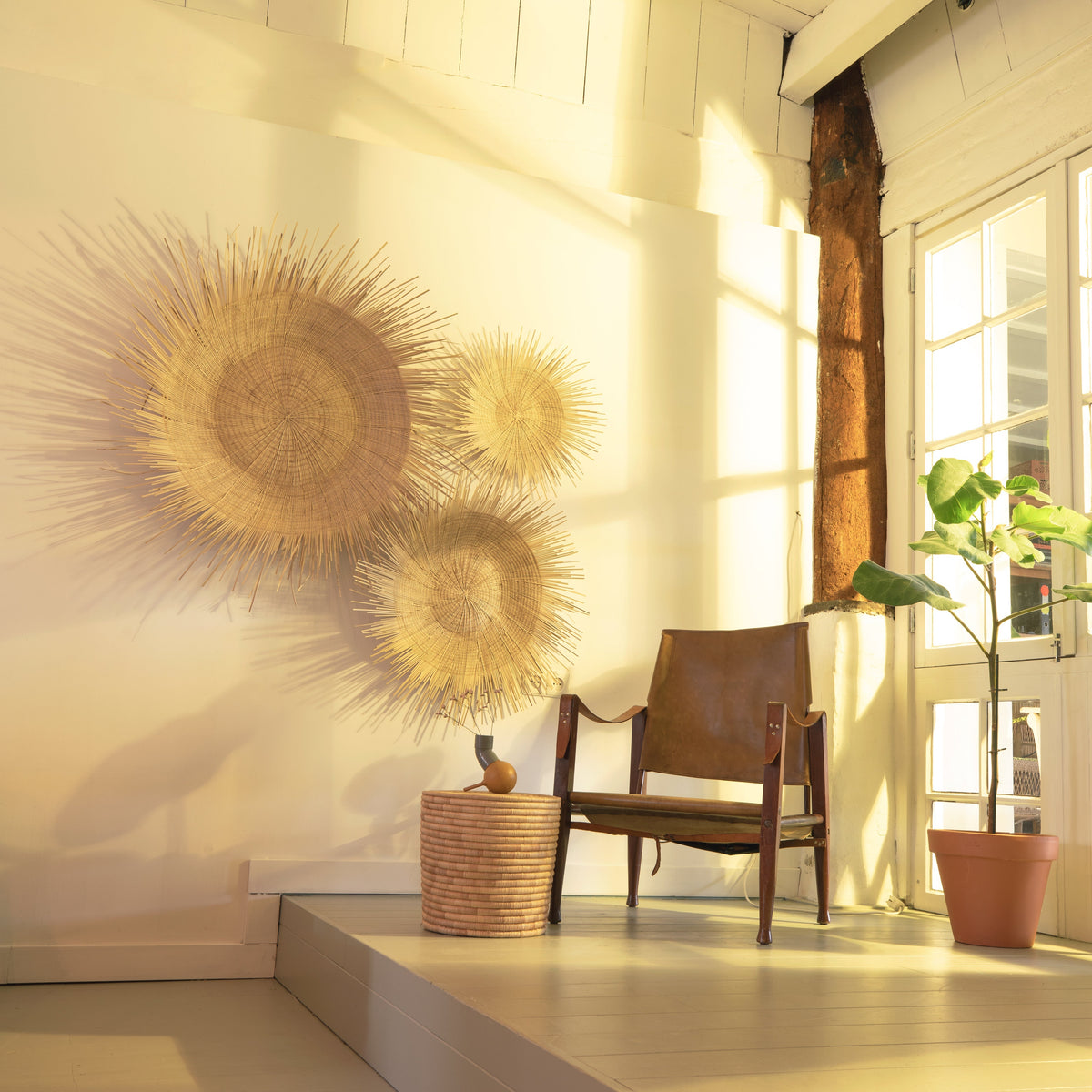 Three circular woven straw wall art pieces with radiating spikes are displayed on a cream wall in a sunlit room, next to a mid-century modern wooden chair and a potted plant.