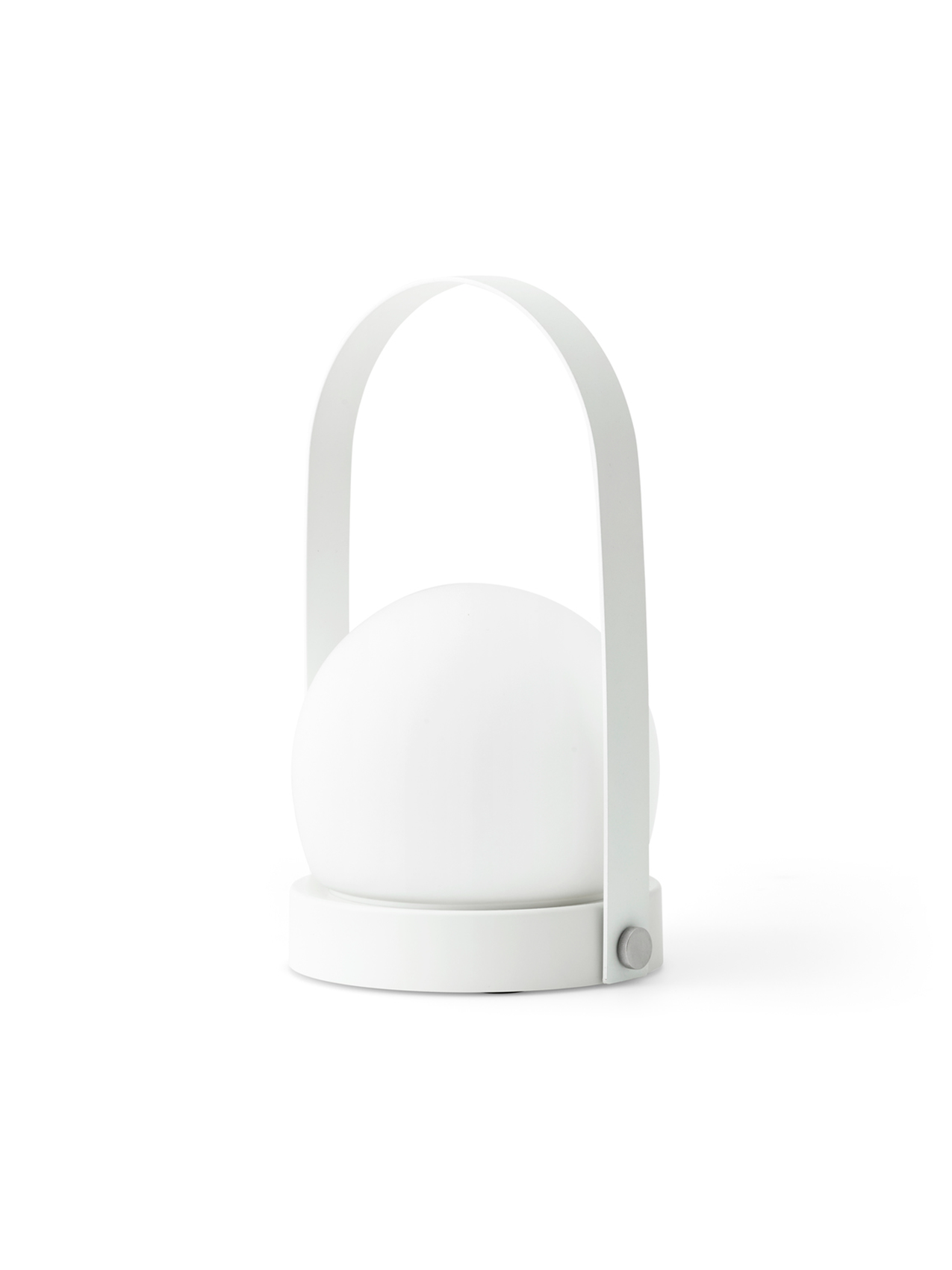 A portable LED lamp with a bronze handle and base, and a white diffuser. It has a minimalistic design suitable for indoor and outdoor use.