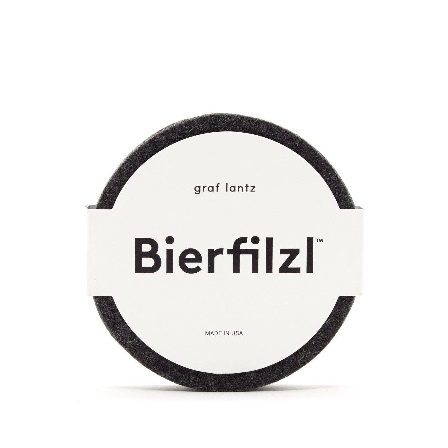 Round charcoal gray merino wool coaster set with 'Bierfilzl' branding on a white background