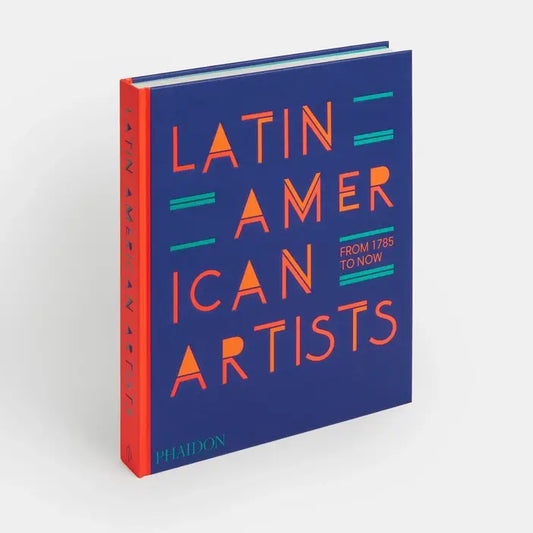 Book titled 'Latin American Artists' with a blue and orange cover on a white background