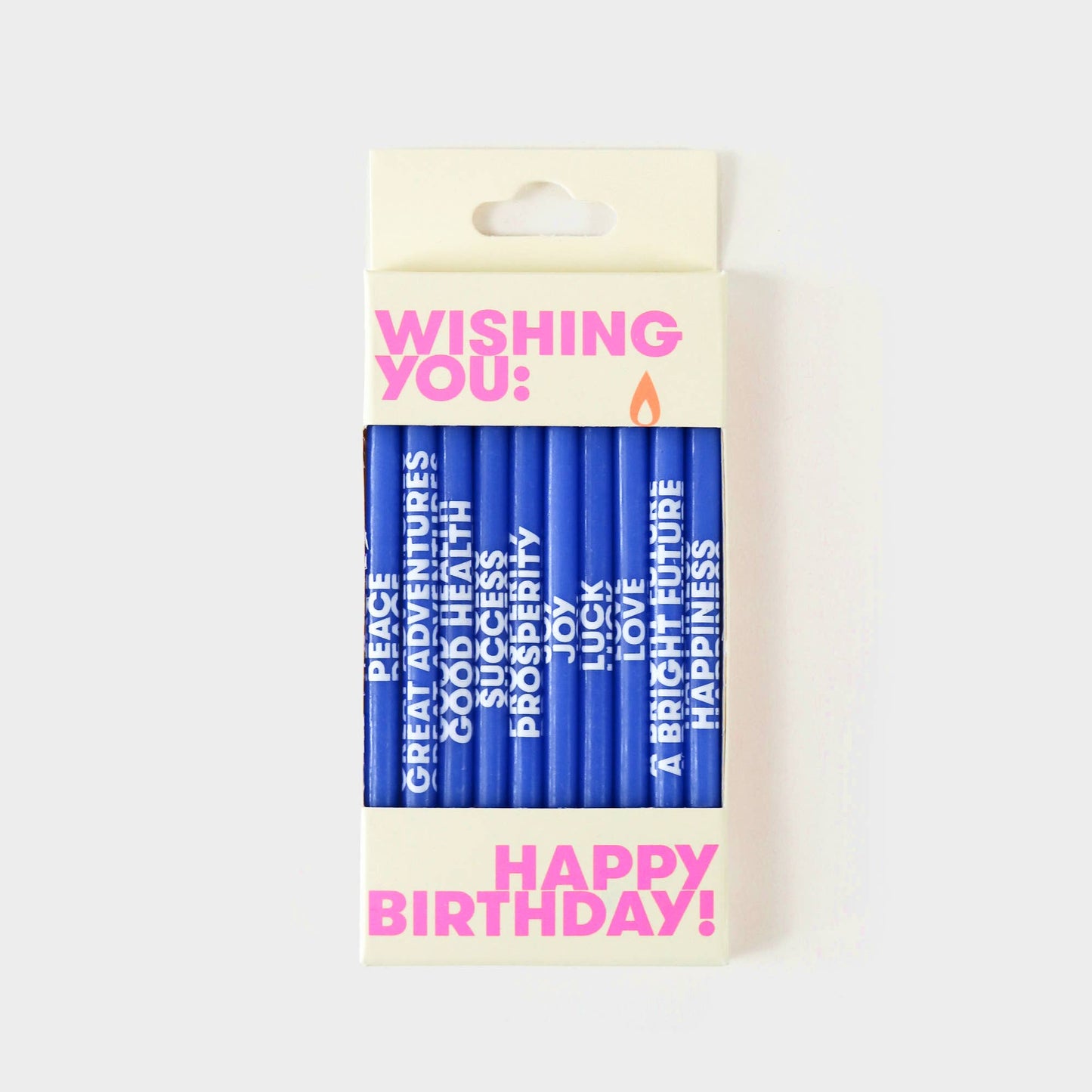 A pack of birthday candles with each candle having a different wish written on it, such as 'Wishing you: Peace', 'Great Adventures', 'Good Health', and others. The pack is labeled 'Happy Birthday!' and the candles are displayed in blue color.