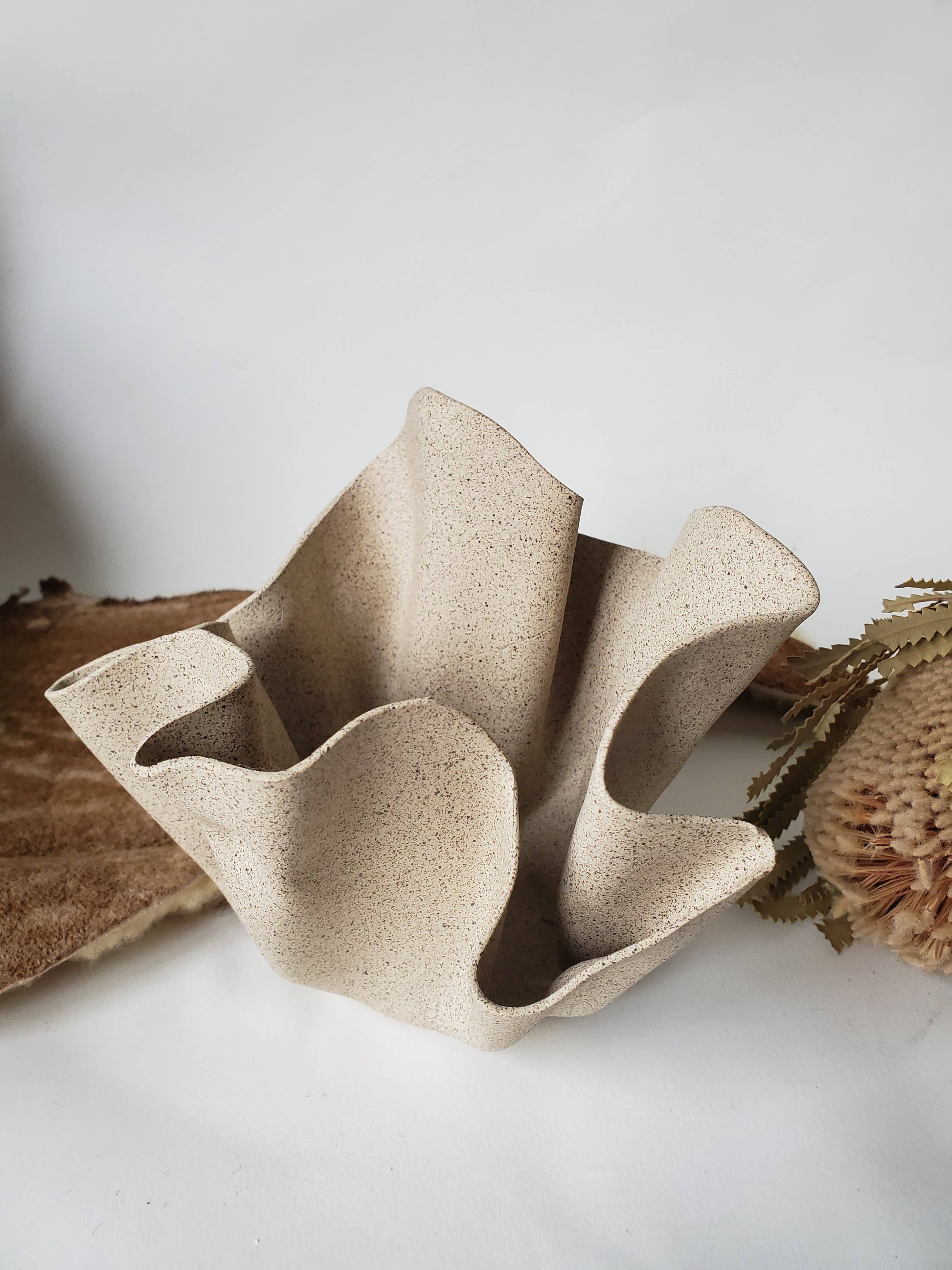 A beige ceramic Ruffle Bowl with an organic shape, displayed on a white background with some dried plants beside it.