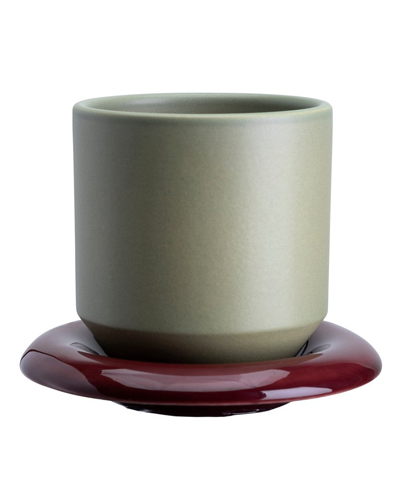 Lily Glazed Pot & Saucer | Sage Green & Deep Burgundy