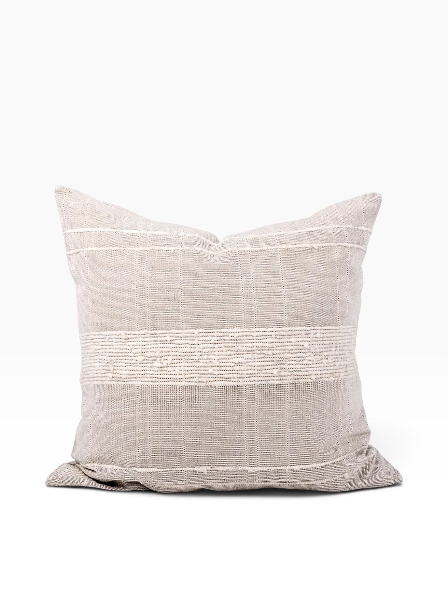 A square throw pillow in a textured light beige linen fabric with a horizontal band of white embroidered stripes across the center, set against a plain white background.