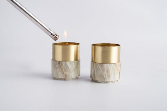 Brass & Stone Tea Light Candle Holder (Pair)