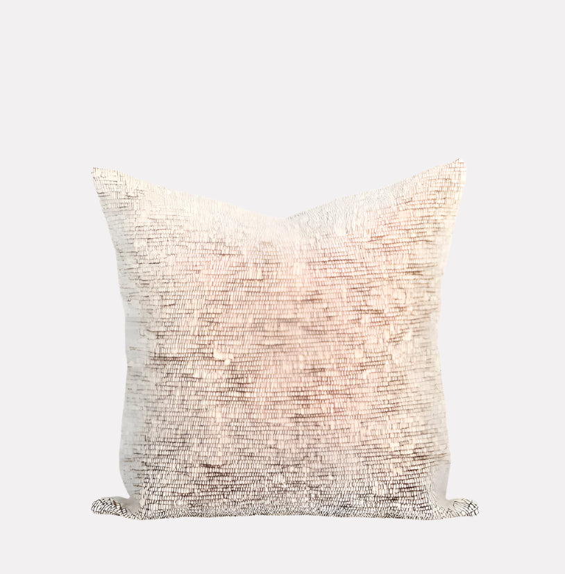 20 inch square ivory and chestnut chunky wool woven pillow sits against white background
