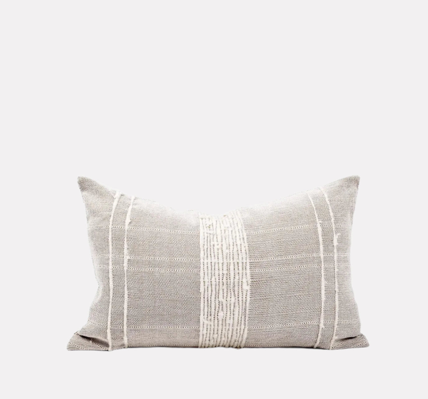 Rectangular pillow with sand-colored wool and cotton cover featuring woven ivory striping details sits against white background