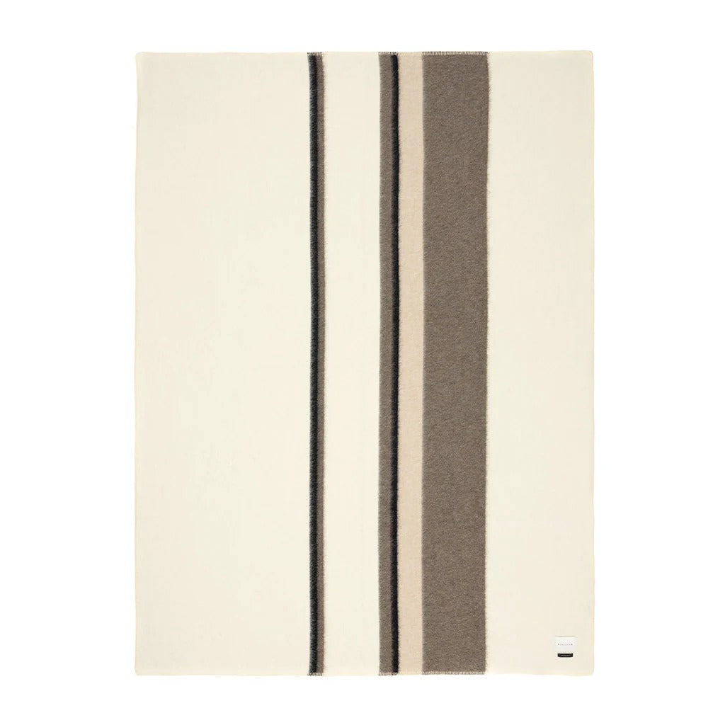 Striped Alpaca blanket with beige, brown, and black stripes on a white background