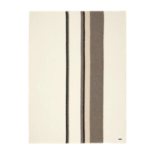 Striped Alpaca blanket with beige, brown, and black stripes on a white background