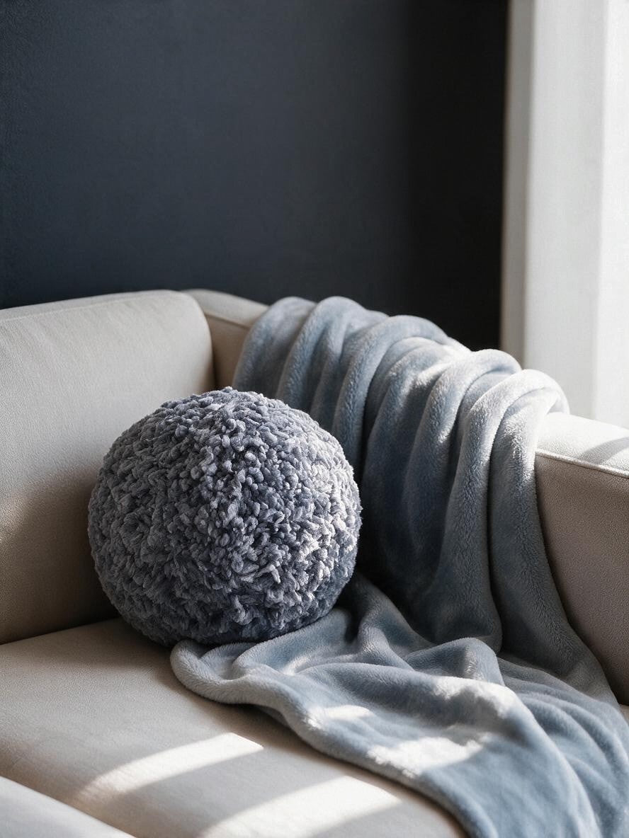 A round, chunky pouf pillow in a textured slate gray color, styled on a light beige sofa draped with a soft blue-gray blanket against a dark gray wall.