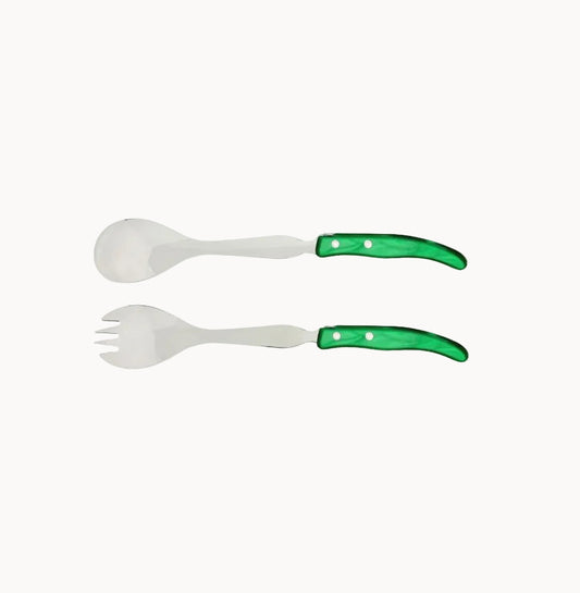 Set of two salad servers with green handles on a white background