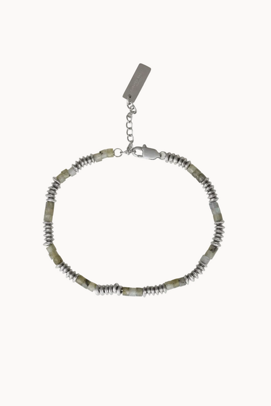 Bracelet with pale green and silver beads on a white background