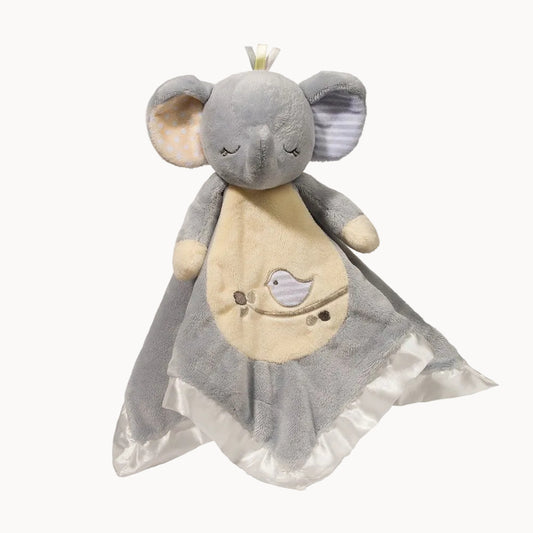 Gray elephant plush toy with a white bird design on a white background