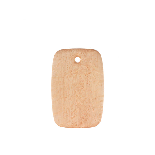 A rectangular birdseye maple cutting board with a hole for hanging, displayed against a white background.