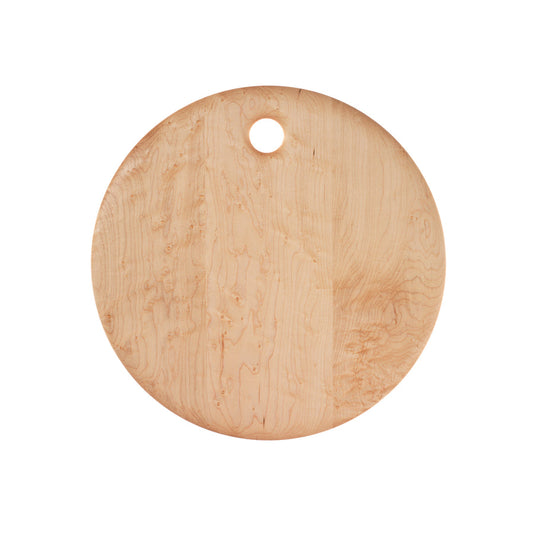 A round birdseye maple cutting board with a hole for hanging, displayed on a white background.