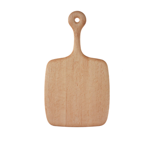 A beige birdseye maple cutting board with a rounded handle, isolated on a white background.