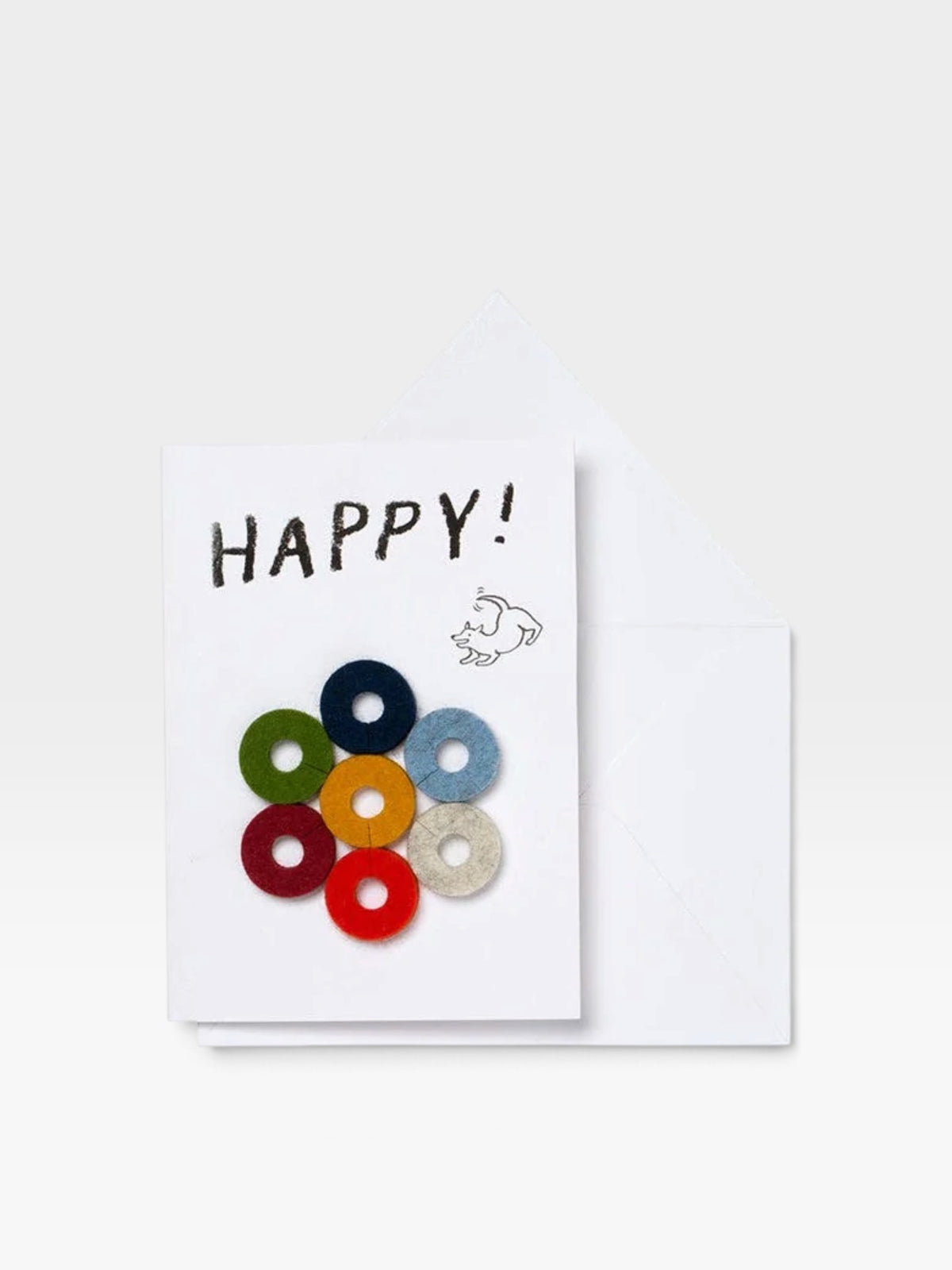 Greeting card with colorful circular felt wind glass markers affixed to the front in a round design and 'Happy!' text above it, photographed on a white background