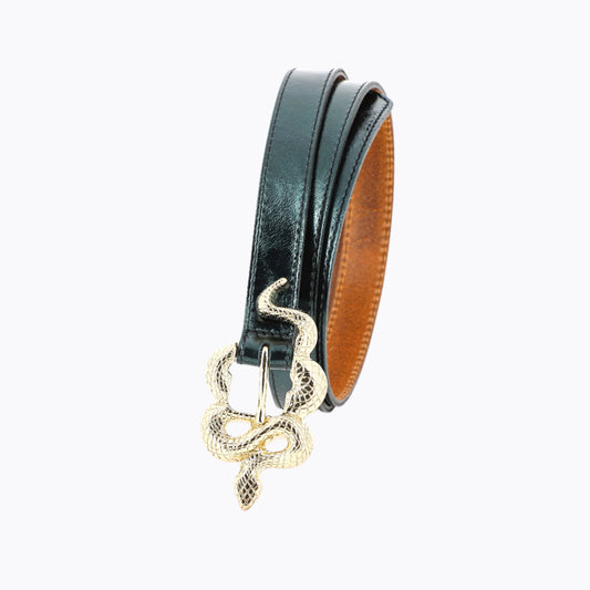 Thin Serpent Leather Belt | Metallic Green