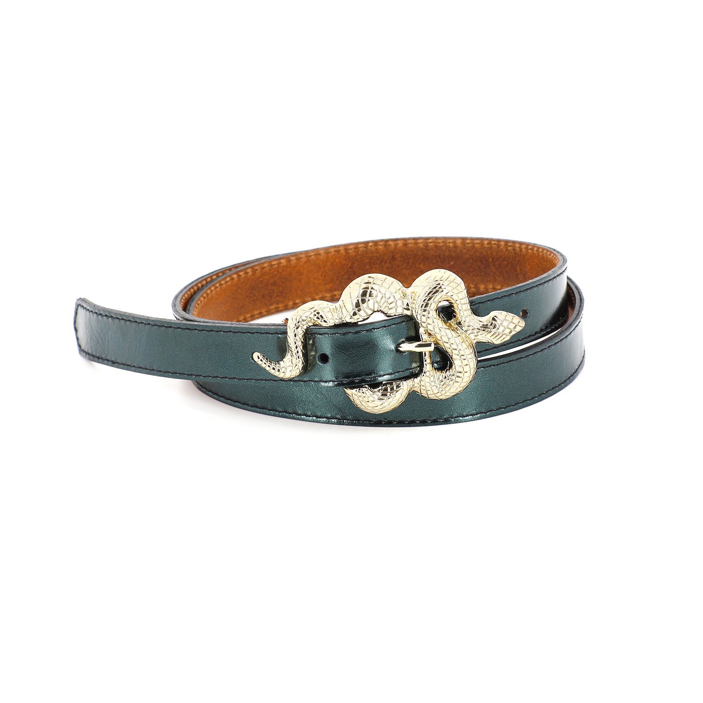 Thin Serpent Leather Belt | Metallic Green