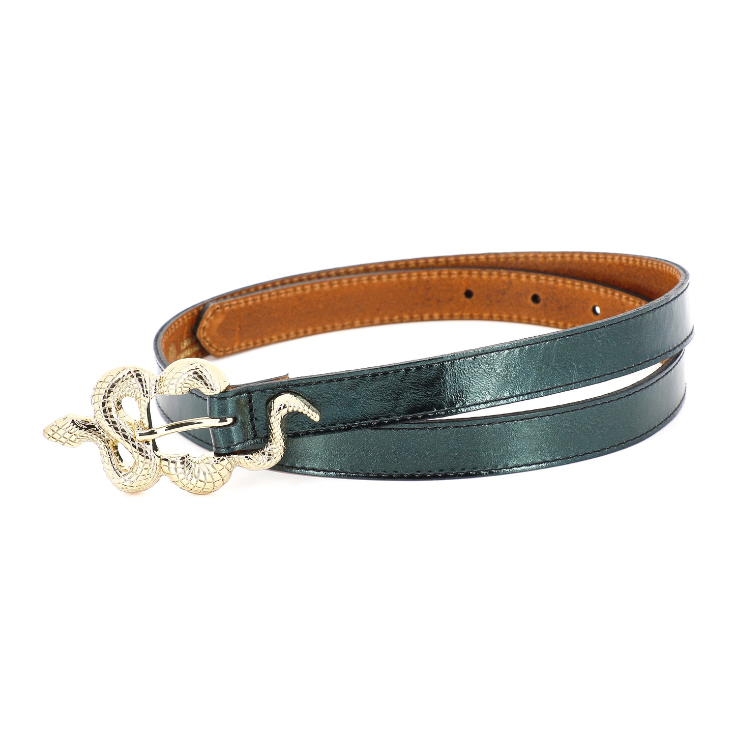 Thin Serpent Leather Belt | Metallic Green