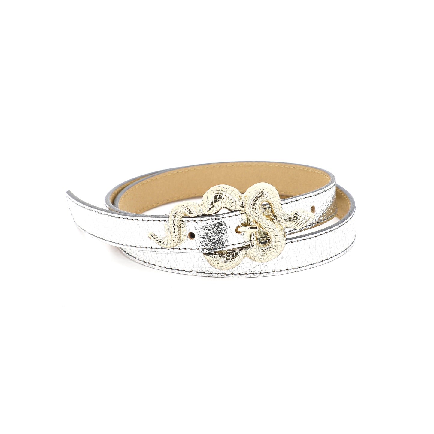 Thin Serpent Leather Belt | Silver