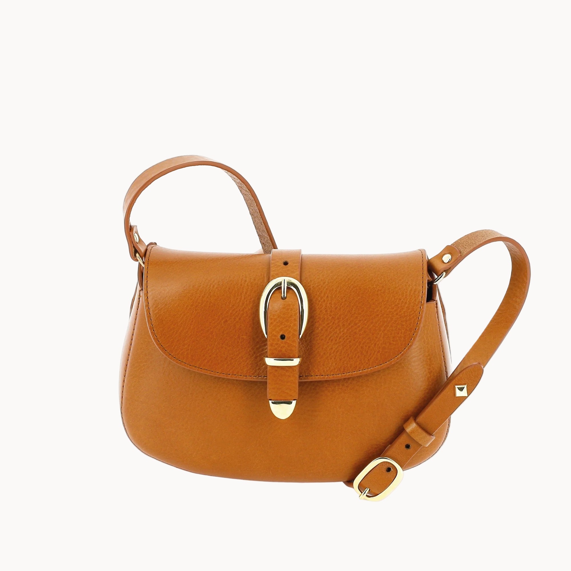Brown leather handbag with a gold buckle on a white background