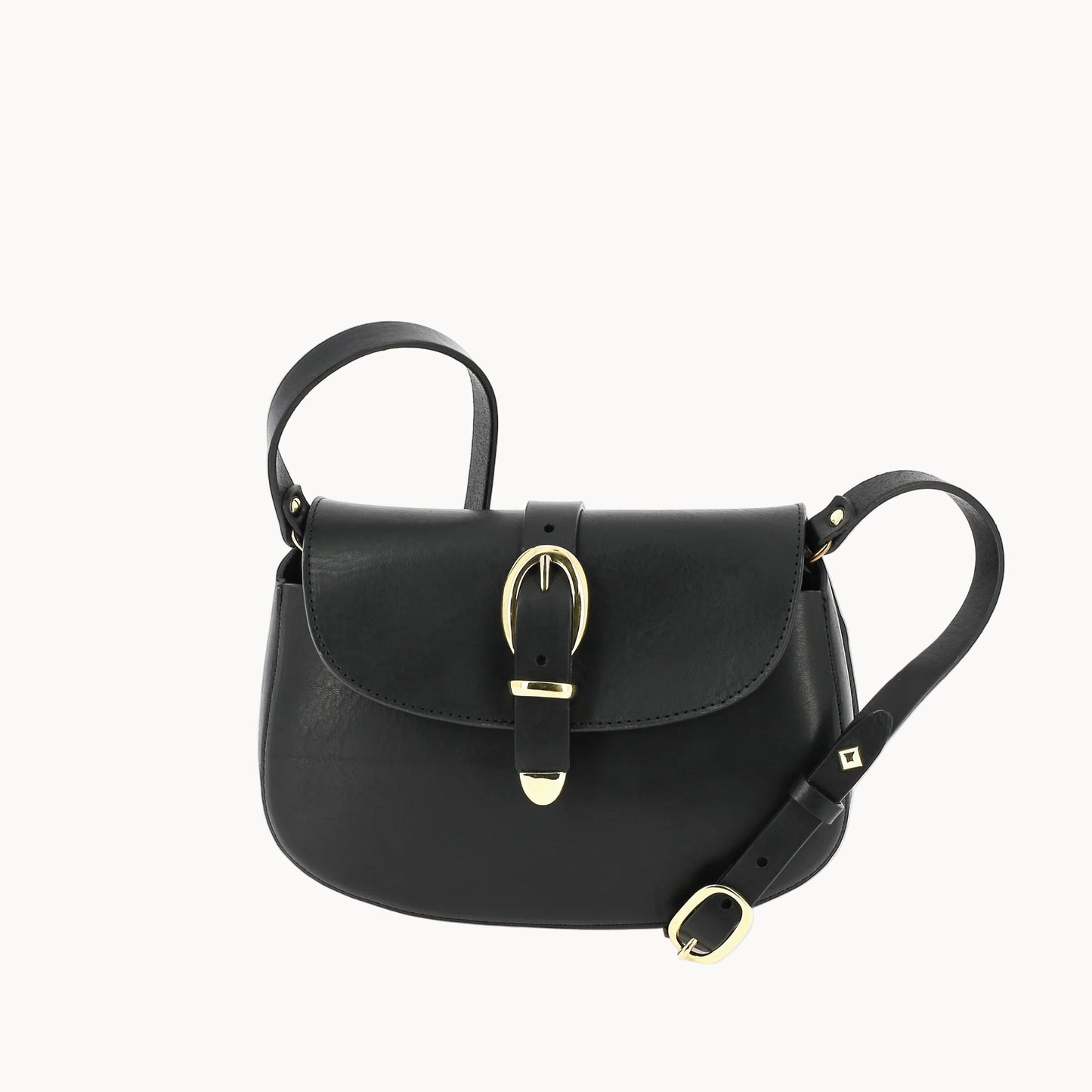 Black leather handbag with gold buckle on a white background