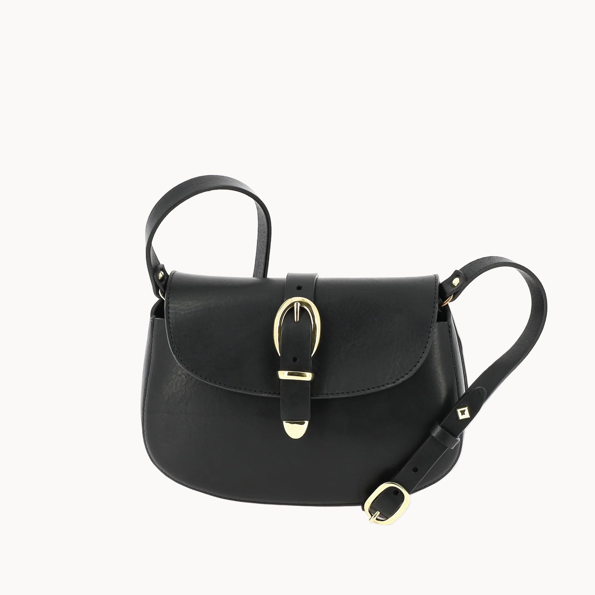 Black leather handbag with gold buckle on a white background