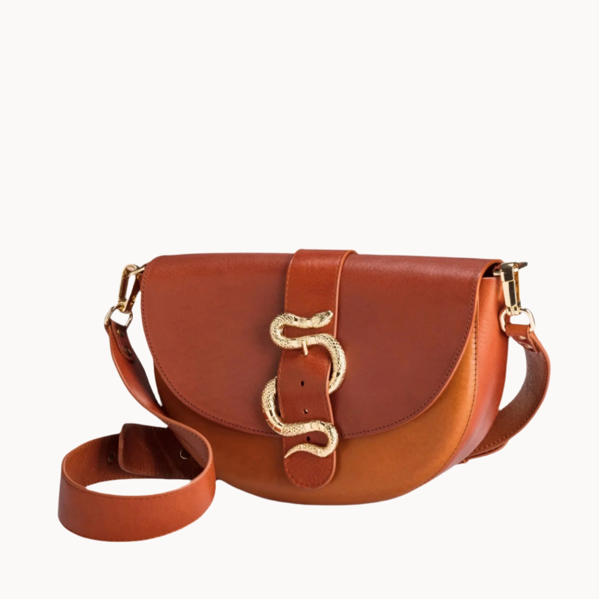 Two-toned, half moon-shaped brown leather handbag with gold snake clasp on a white background