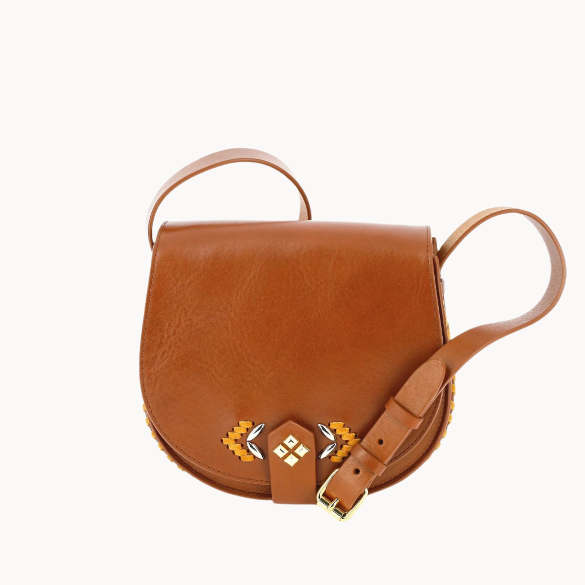 Brown leather saddle bag with decorative pumpkin-colored stitching and metallic stud details on a white background