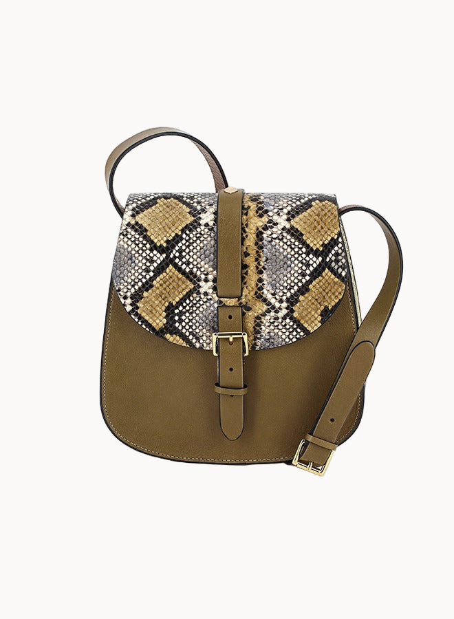 Olive green leather handbag with snake print flap on a white background