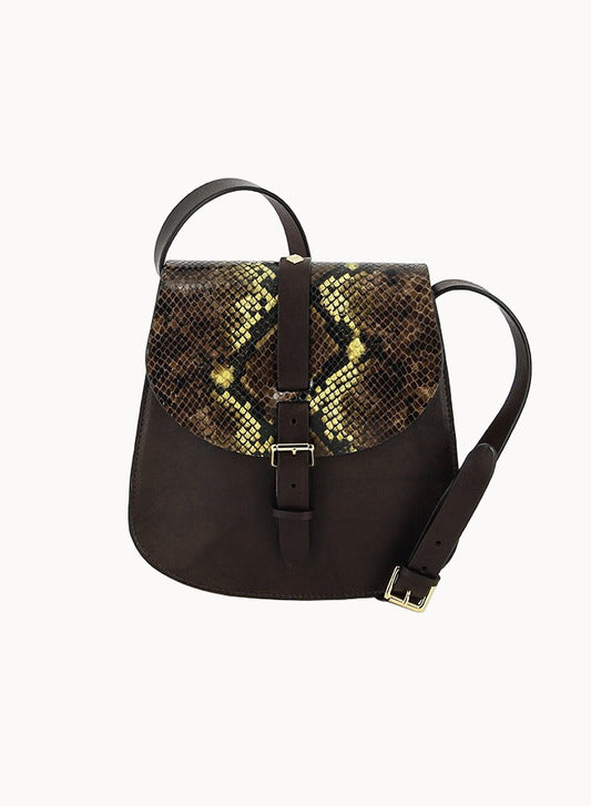 Brown leather saddlebag-style purse with snake print flap and buckle closure on a white background