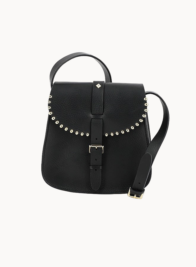 Black leather handbag with brass stud details on a white background