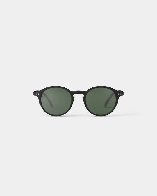 Pair of black sunglasses with round frames on a white background