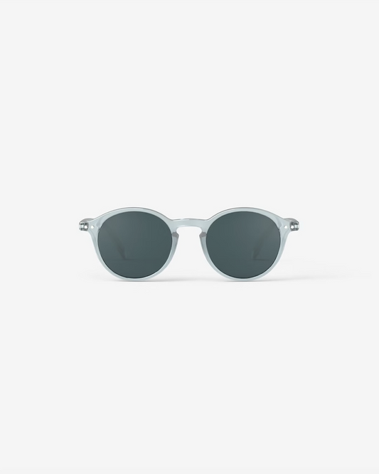 Round, pale blue frame sunglasses with dark lenses on a white background