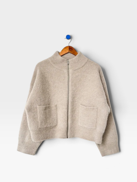 Beige alpaca wool zip-up sweater with two front square pockets