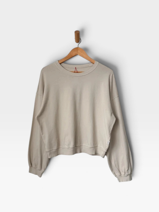 Light beige long-sleeved cotton sweatshirt hanging on a wood hanger against a white background