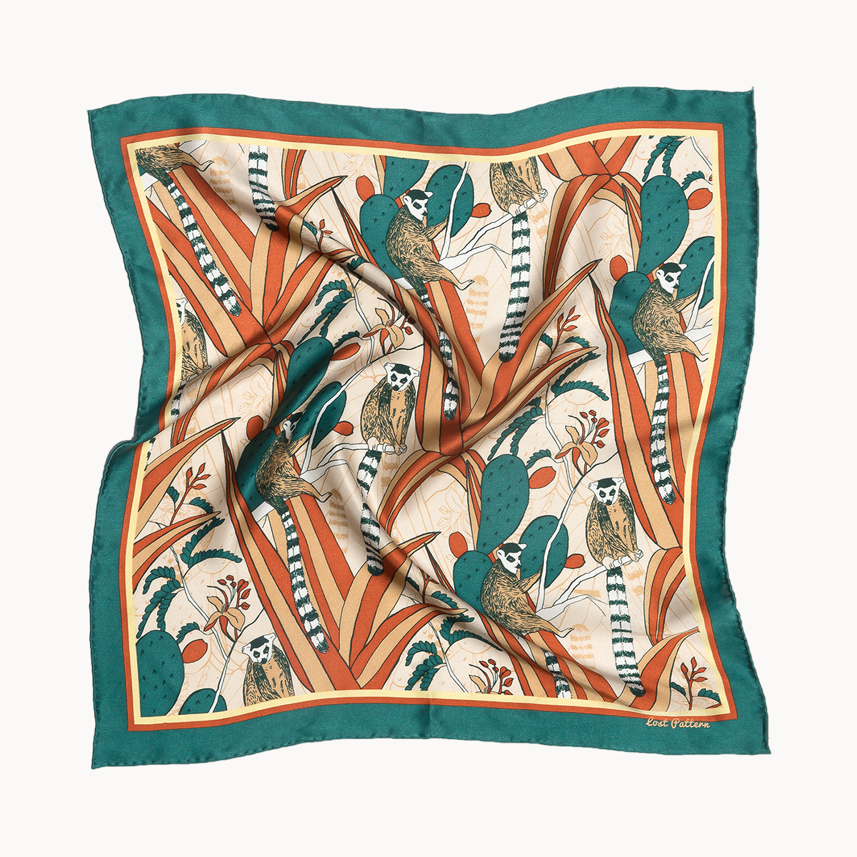 Decorative scarf with lemur and plant pattern on a white background