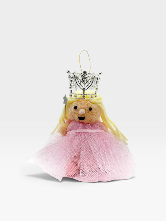 A plush princess doll ornament with a pink tulle dress, blonde yarn hair, a silver tiara, and a small star wand, shown on a plain white background.